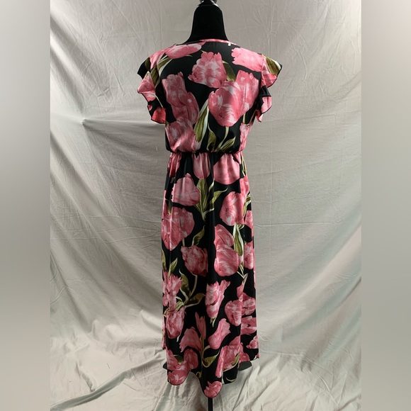 Pink/Black Floral Print Butterfly Sleeve Ruffle Trim Split Thigh Dress - Picture 8 of 9